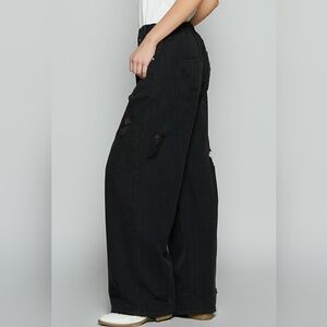 POL Black Distressed Wide Leg Jeans Women’s Large High Waist Raw Hem New